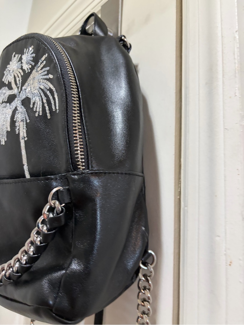 Victoria's Secret Black Mini Backpack with Silver Chain and Palm Accent - Picture 7 of 16